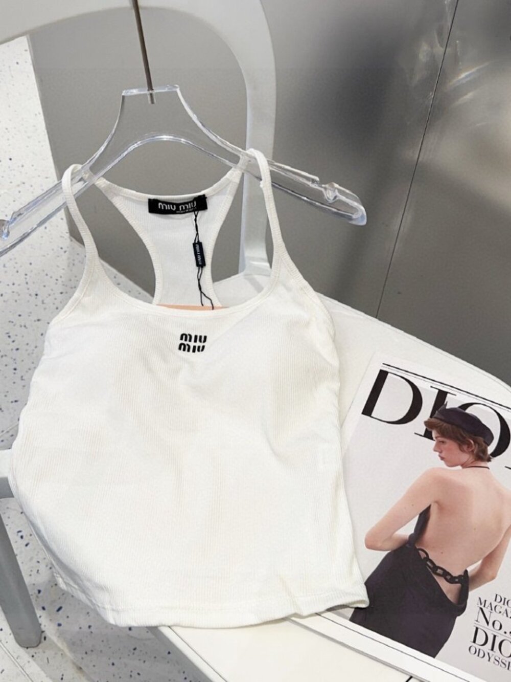 Miu Miu White Ribbed Racerback Tank Top - Picture 2 of 7